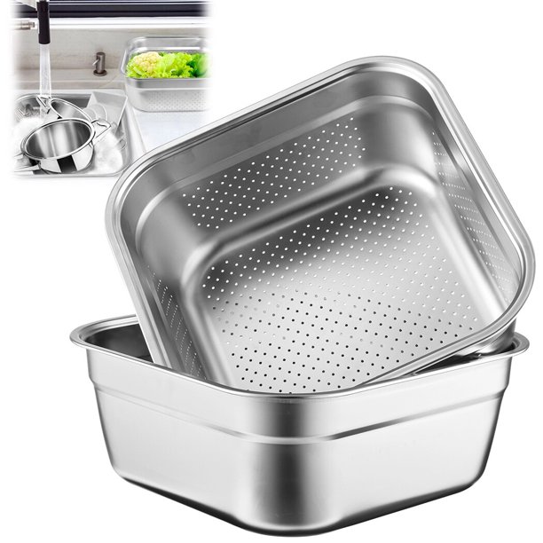 Juego de colador y lavabo cuadrado de acero inoxidable: tina de cocina multifuncional para fregadero, cesta de cocina con orificios de drenaje uniformes para un enjuague eficiente, ideal para preparac