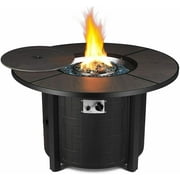 BAHOM 42" Propane Gas Fire Pit Table 50,000 BTU Auto-Ignition Fire Bowl with Blue Glass Rocks Wood Grain, Black Fire Pit Table