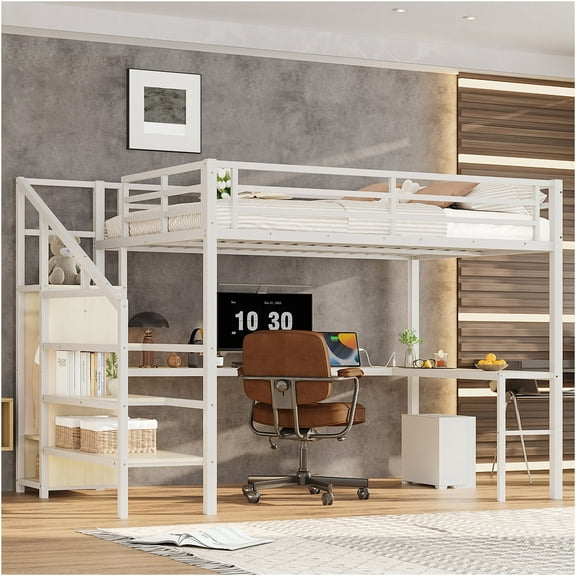 JERFIT Queen Loft Bed with L-shaped Desk, USB, Wardrobe, LED, White Wood