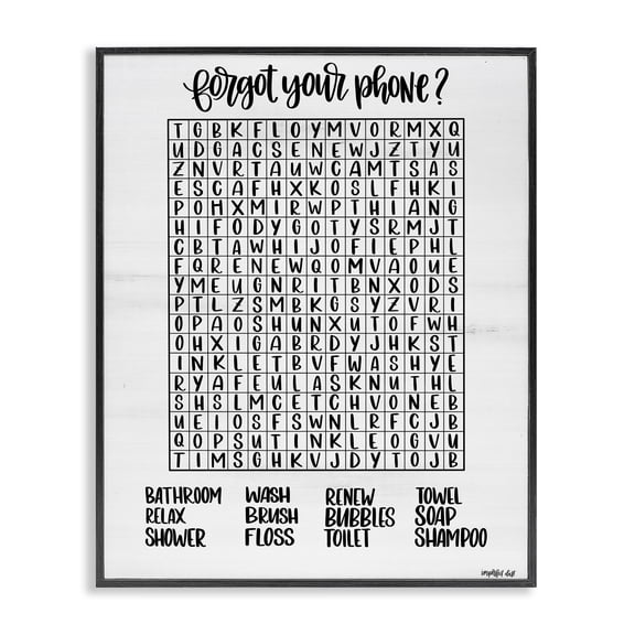 Stupell Industries Forgot Phone Bathroom Wordsearch Black Framed Giclee Art, design by Imperfect Dust