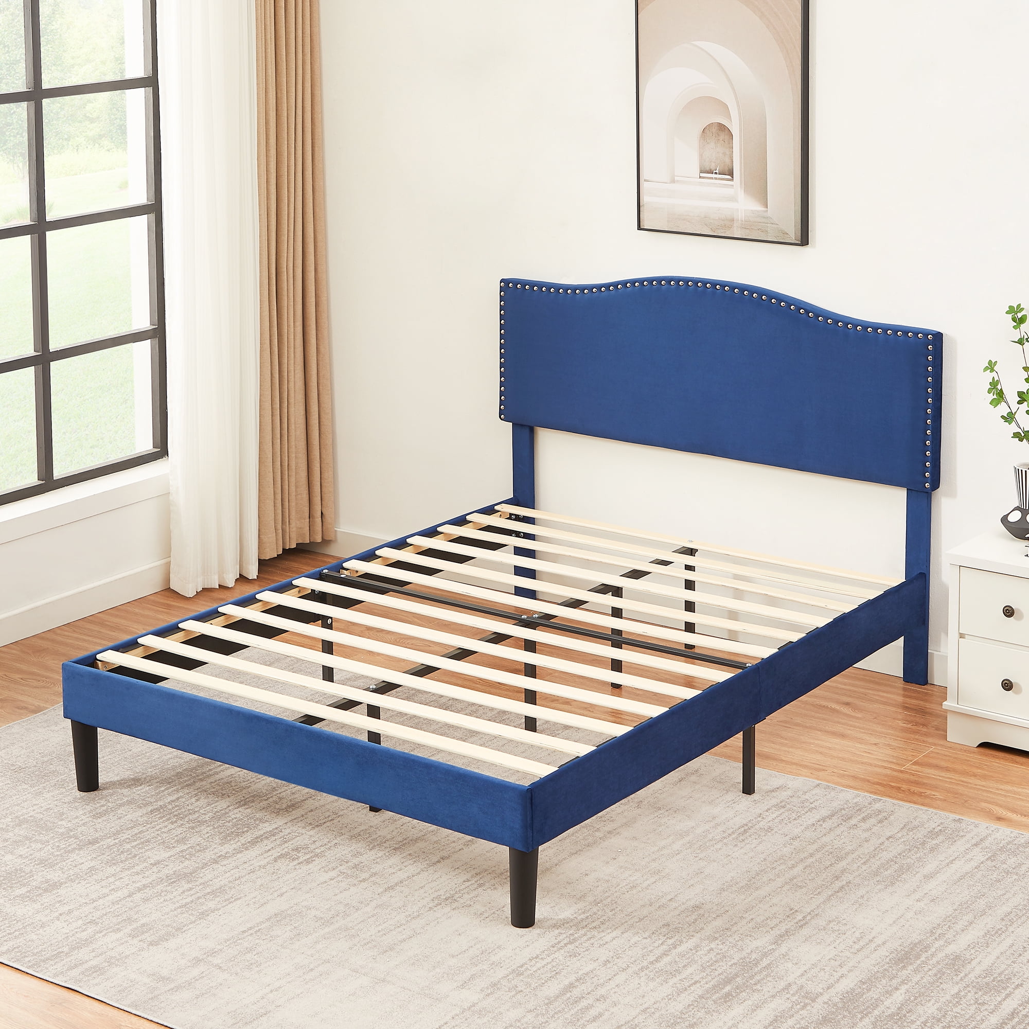 Javlergo Queen Size Bed Frame, Upholstered Platform Bed with Adjustable Headboard, No Box Spring Needed, Dark Blue
