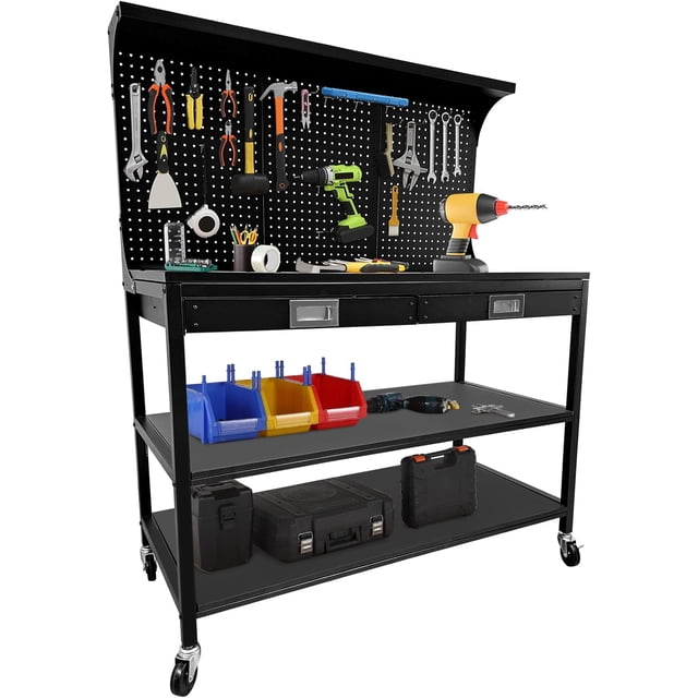 YUSAZENS 48 Inch Three Layer Workbench, Cold Rolled Steel Construction with Rear Back Panel, Black Multifunctional Utility Table for Household Garage DIY