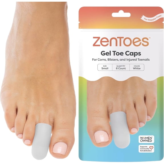 Zentoes Gel Toe Protector Caps for Corns and Blisters, Small, White, 6 Pack