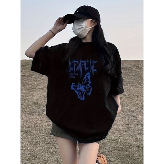 Reghular Size Women's Short Sleeve T-Shirt - Simple Style Butterfly Graphic Print, Black Design, Loose Fit Round Neck Casual Top, Breathable Fabric for Spring Summer Fall, Machine Washable, Cute Sho