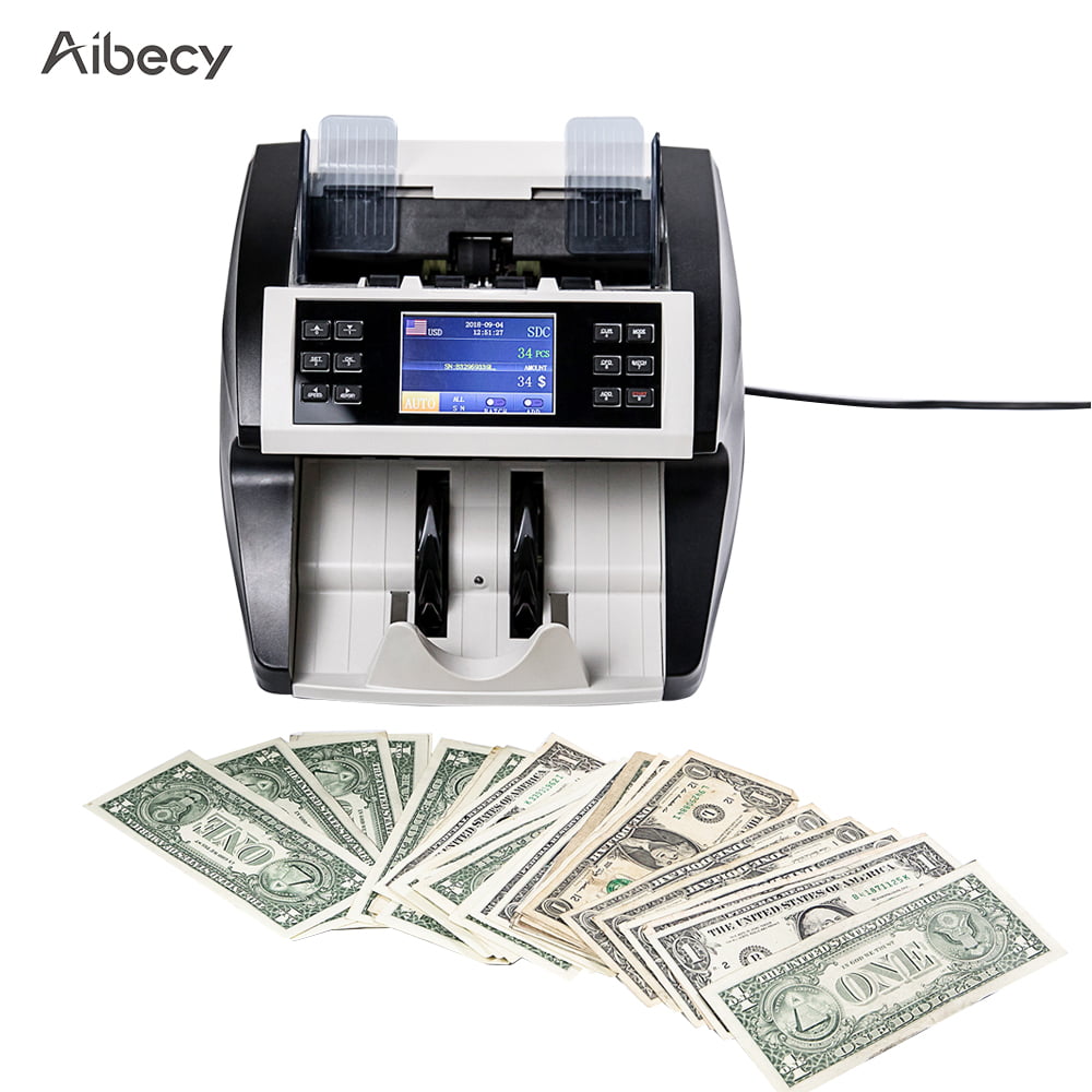 Aibecy Desktop Automatic/Manual Cash Banknote Bill Money Multi-Currency Counter Counting Machine LCD Display Built-in UV MG MT IR DD Detection with External LED Display for USD/JPY/CAD/Euro/GBP/AUD 
