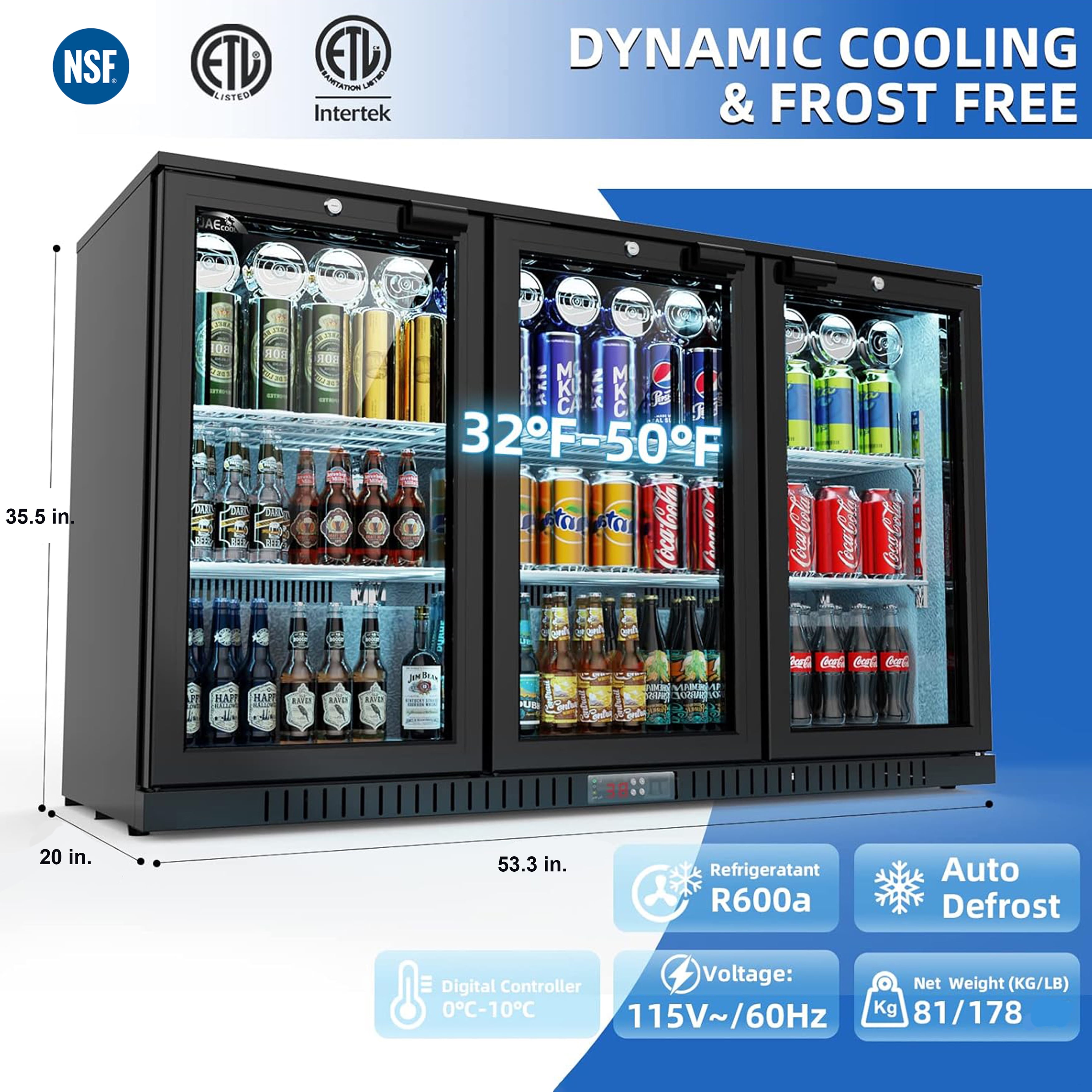 Elite Kitchen 53in Beverage Cooler, Commercial Counter Height Refrigerator, 11.3 Cu.Ft, 3 Glass Door, 441 Cans Capacity