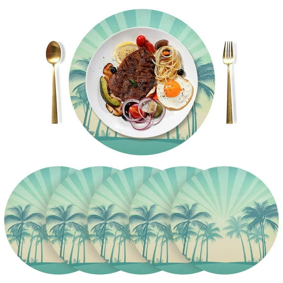 Round Placemats Plate Mats 15 Inch Non-Slip Heat Resistant Washable PVC Set Table Decoration for Kitchen Dining Green Palm Trees