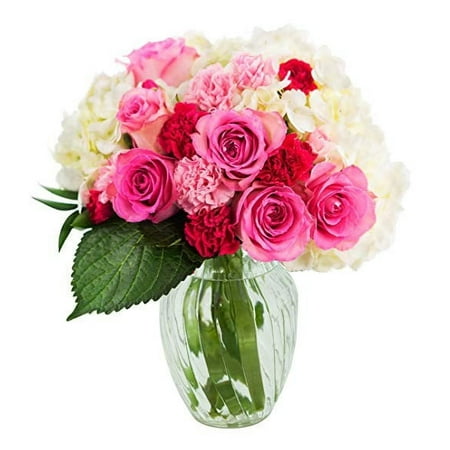 KaBloom Mother's Day Collection: Let Them Eat Cake Bouquet of Pink Roses and White Hydrangeas with Vase