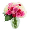 KaBloom Mother's Day Collection: Let Them Eat Cake Bouquet of Pink Roses and White Hydrangeas with Vase