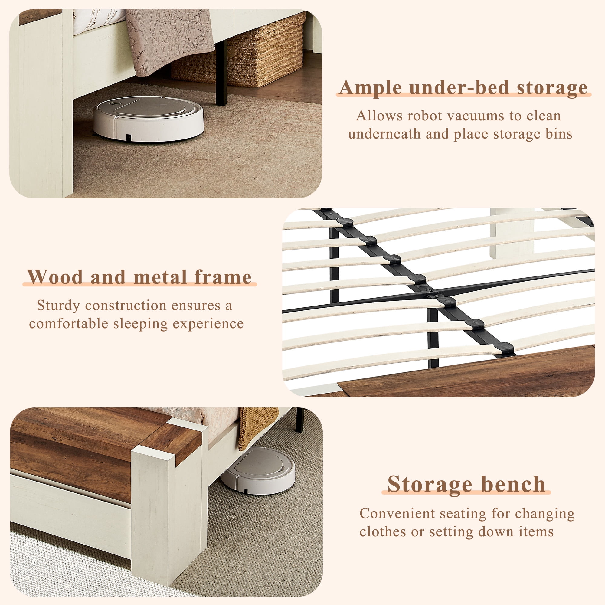 KeyWhat Modern Queen Size Storage Bed Frame with Panel Headboard, Footboard Storage Bench, Built-In Drawers, Lift-Up Compartments, No Box Spring Needed, Antique White