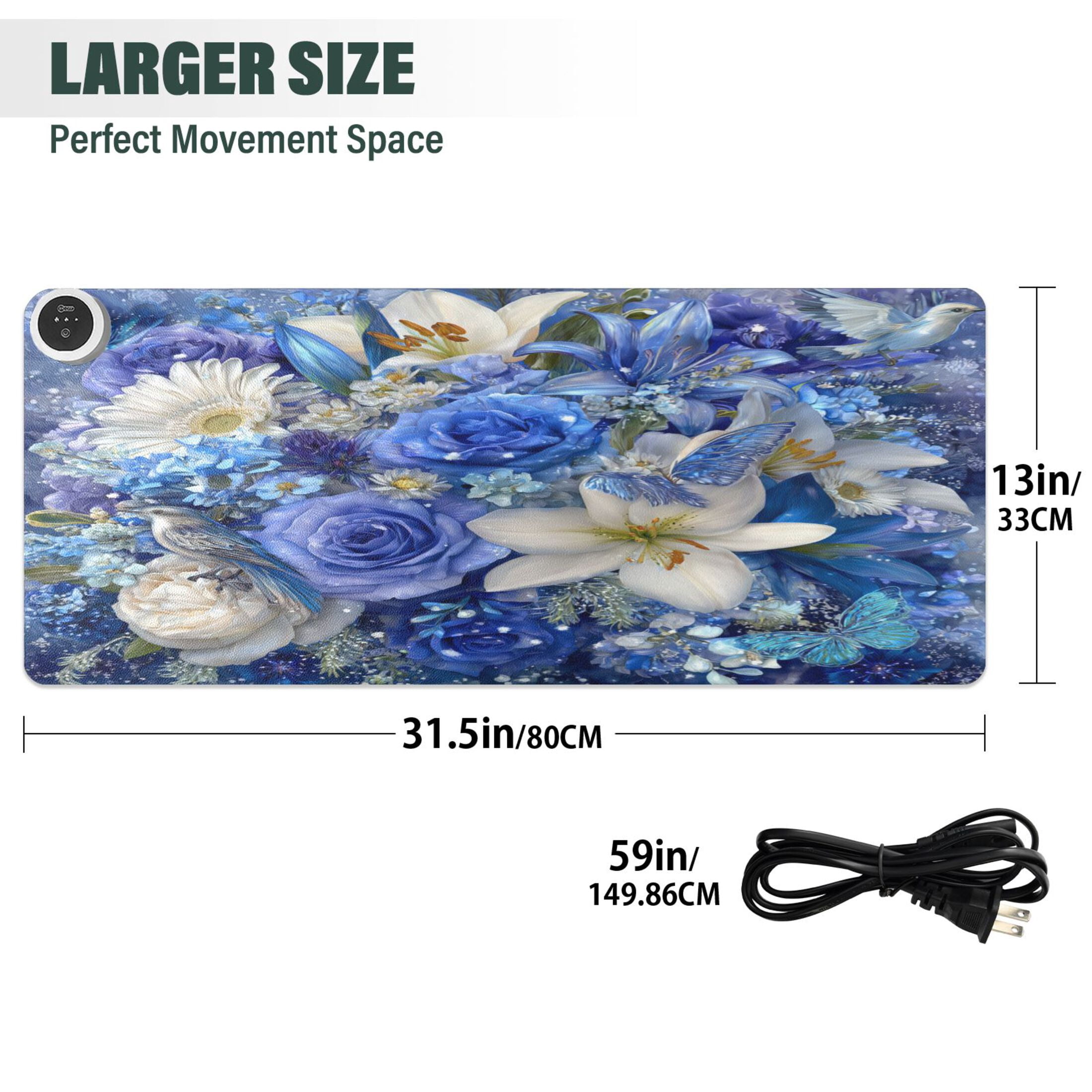 Large Heated Desk Mat Mouse Pad 31.5"x13"PU Leather Graphene Heating Desk Warmer with 3 Temperature Settings 110V US Plug Non-Slip Warm Pad for Home, Office, and Gaming Blue and White Crystal Roses