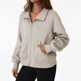 thumbnail image 3 of Womens Zip up Sweatshirt, Stand Collar Fleece Jackets No Hood, Lightweight Casual Solid Color Long Sleeve Zipper Front Fall Jackets with Pockets B-Khaki M, 3 of 9