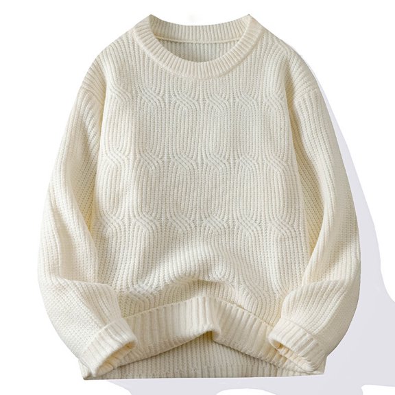 WAVSUF Big & Tall Mens Sweater Winter Long Sleeves Sweaters Crew Neck Casual Solid Color Sweatshirt Top White Size M