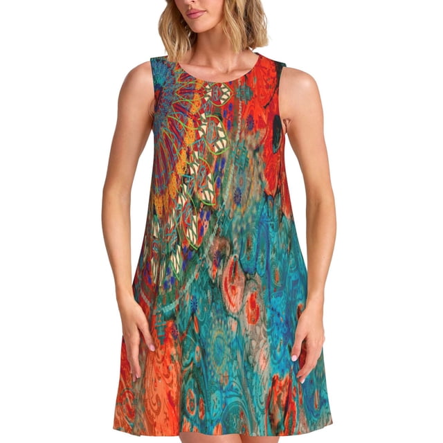 Easygdp Mandala Colorful para Vestido Transpirable de Mujer, Vestido Suelto de Manga Corta con Pliegues y Bolsillos para el Verano