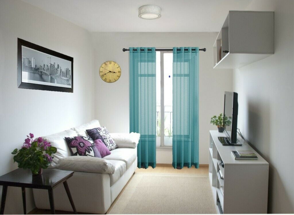 1 Pair Ruby Teal Blue Solid Sheer Panels Faux Silk with Grommets Window Curtain Treatment Panel See Thru size 55' Wide x 84' Long Each panel