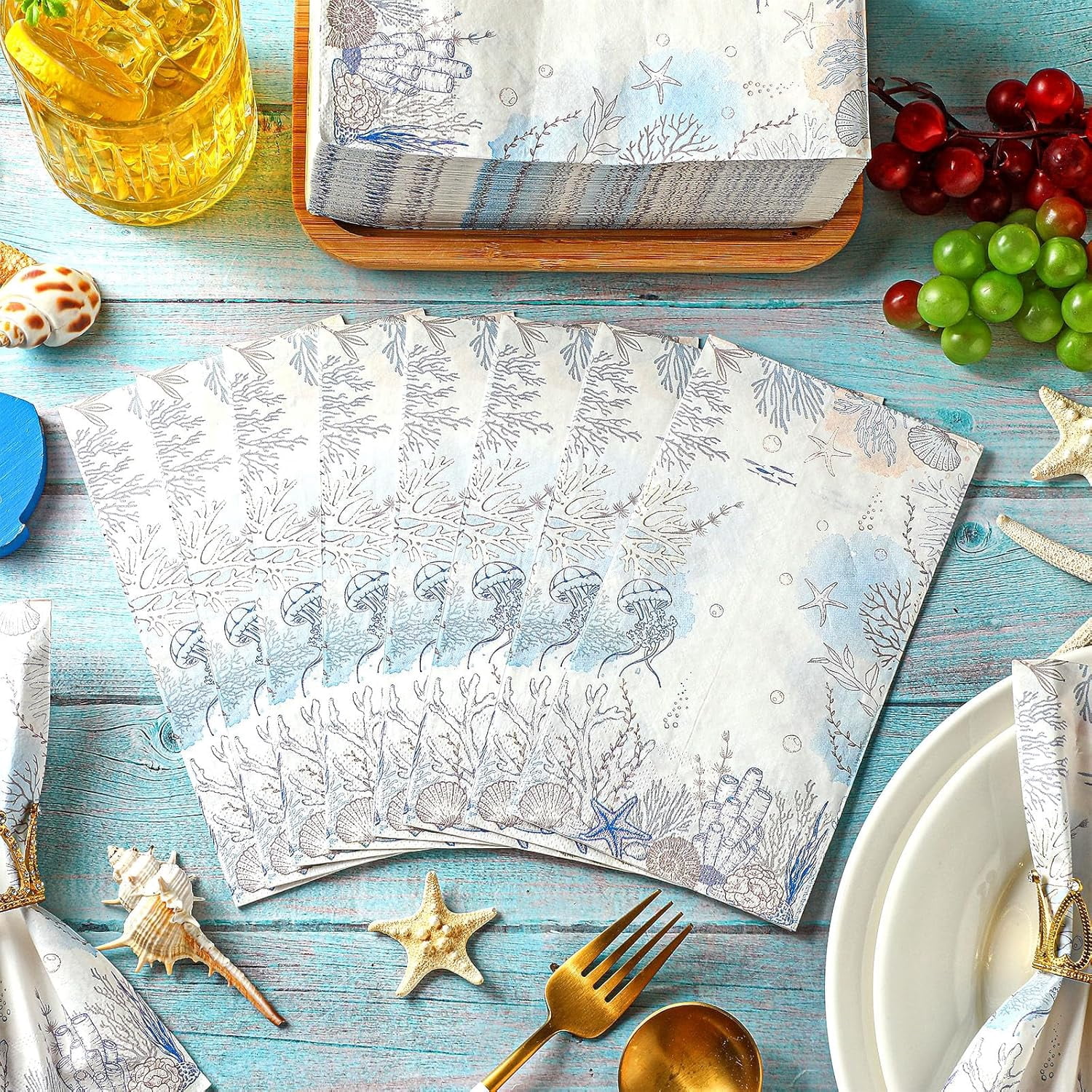 100 Pcs Summer Ocean Paper Napkins Disposable Guest Towels for Bathroom Decoupage Decorative Napkins Paper Seashell Nautical Coral Hand Towels for Kitchen Wedding Dinner Party(Striped)