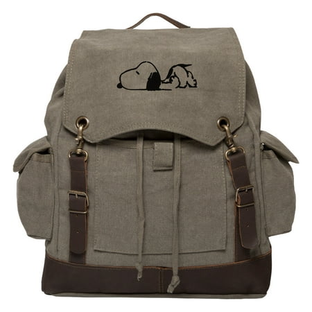 Snoopy Laying Flat Vintage Canvas Rucksack Backpack with Leather (Best Hiking And Travel Backpack)
