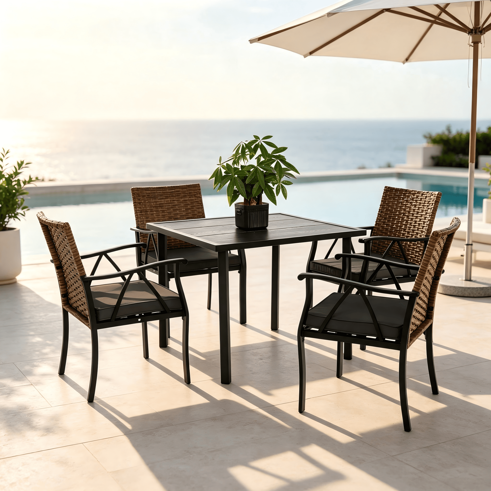 Leumius 5 Pieces Patio Furniture Set,Outdoor Patio Dining Set w/Square Steel Tabletop and Umbrella Hole,Patio Conversation Set,Wicker Patio Table and Chairs Set for Patio,Backyard,Balcony,Garden