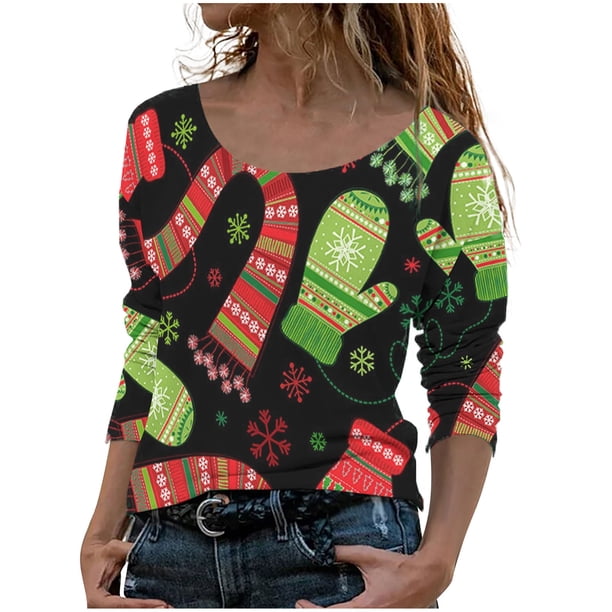 Camisas de Navidad Para Mujer, Tops de Cuello Redondo, Blusa de Otoño Holgada de Manga Larga Con Estampado Informal A La Moda, Jersey Odeerbi ODB197073