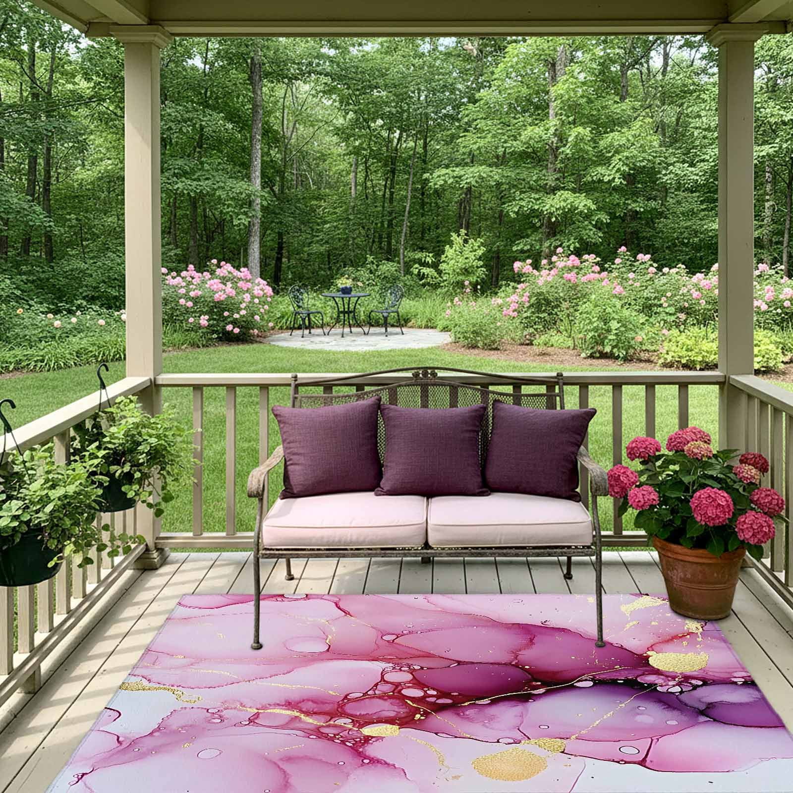 Outdoor Rug 5x8ft Ombre Pink Golden Marble Texture Large Area Rug Abstract Art Indoor Outdoor Carpet Outdoor Rugs Mats for Patio Camping,RV,Front Door, Outside Decor