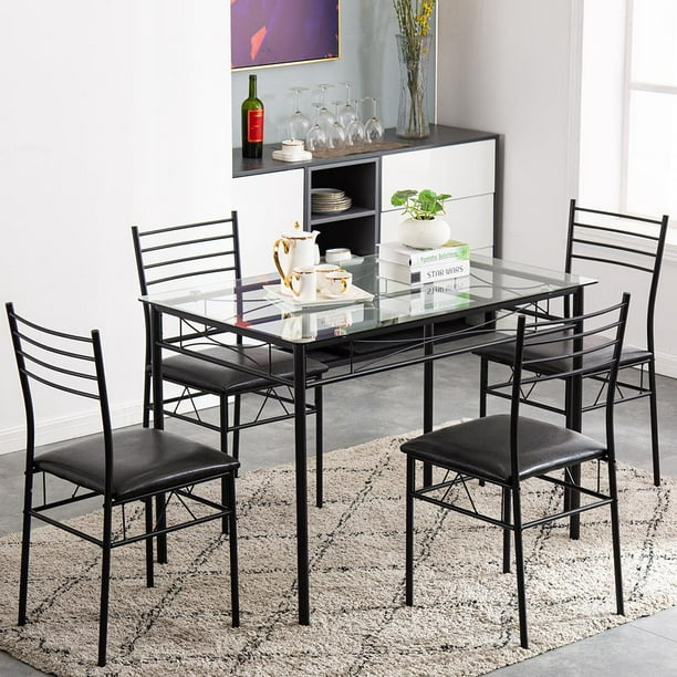 Zimtown 5 Pieces Dining Set Table With 4 Chairs Kitchen Room Furniture Glass Top Metal Frame Com - Best Furniture For 4 Season Room