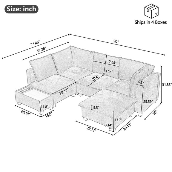 Newboti Furniture 90" U-shaped Sectional Sofa Modular Sofa Couch with a Movable Ottoman, a Coffee Table with Hidden Charging Devices for Living Room, White 39402