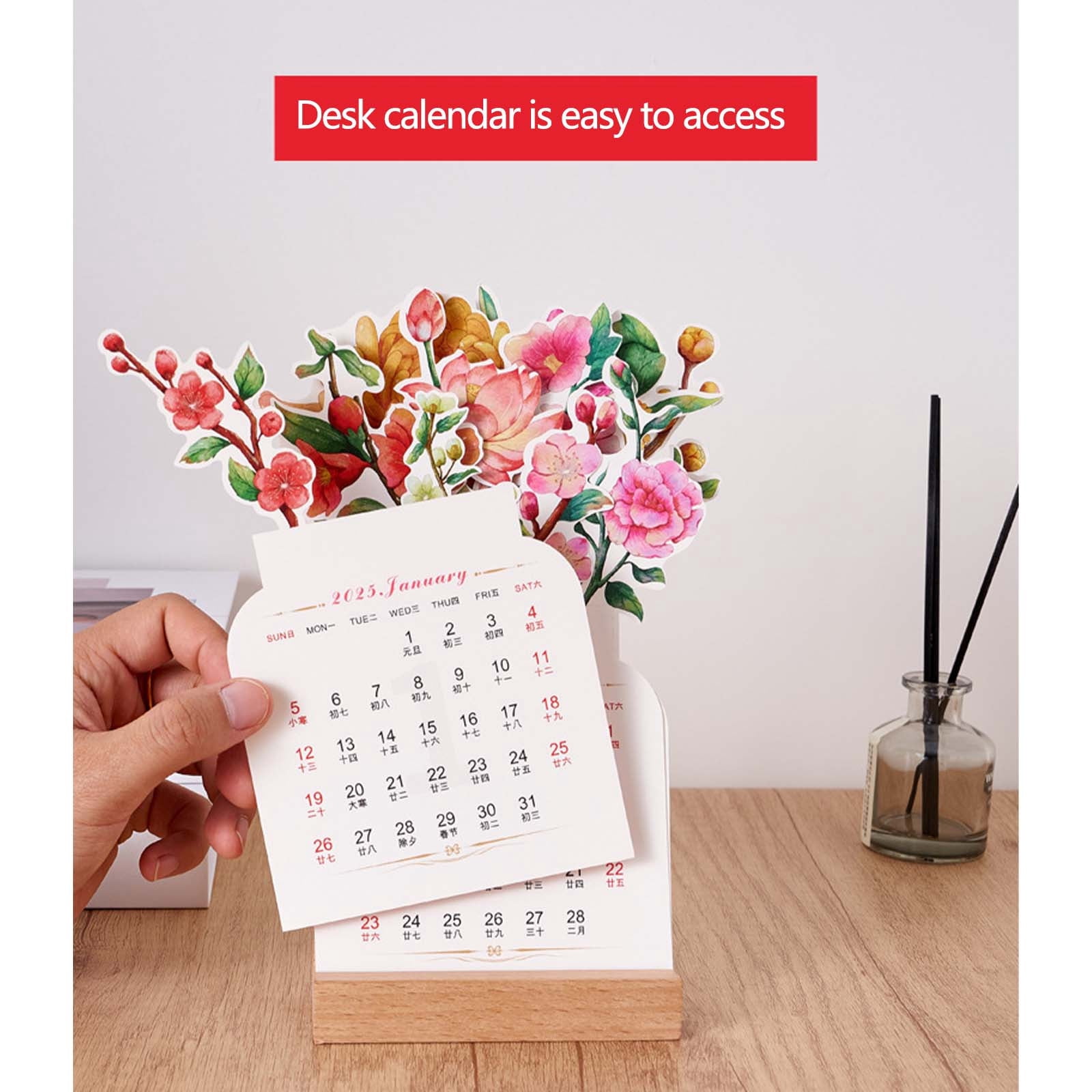 Calendrier De Bureau 2025 Floral - Base Bois - 13 Pages - Design Détachable - Décoration élégante