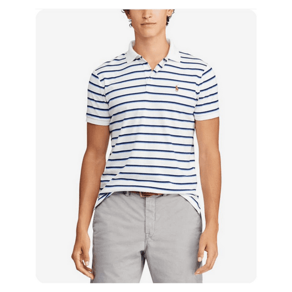 $115 Polo Ralph Lauren Classic Fit Soft Cotton Striped S/S Polo Shirt, White, XL