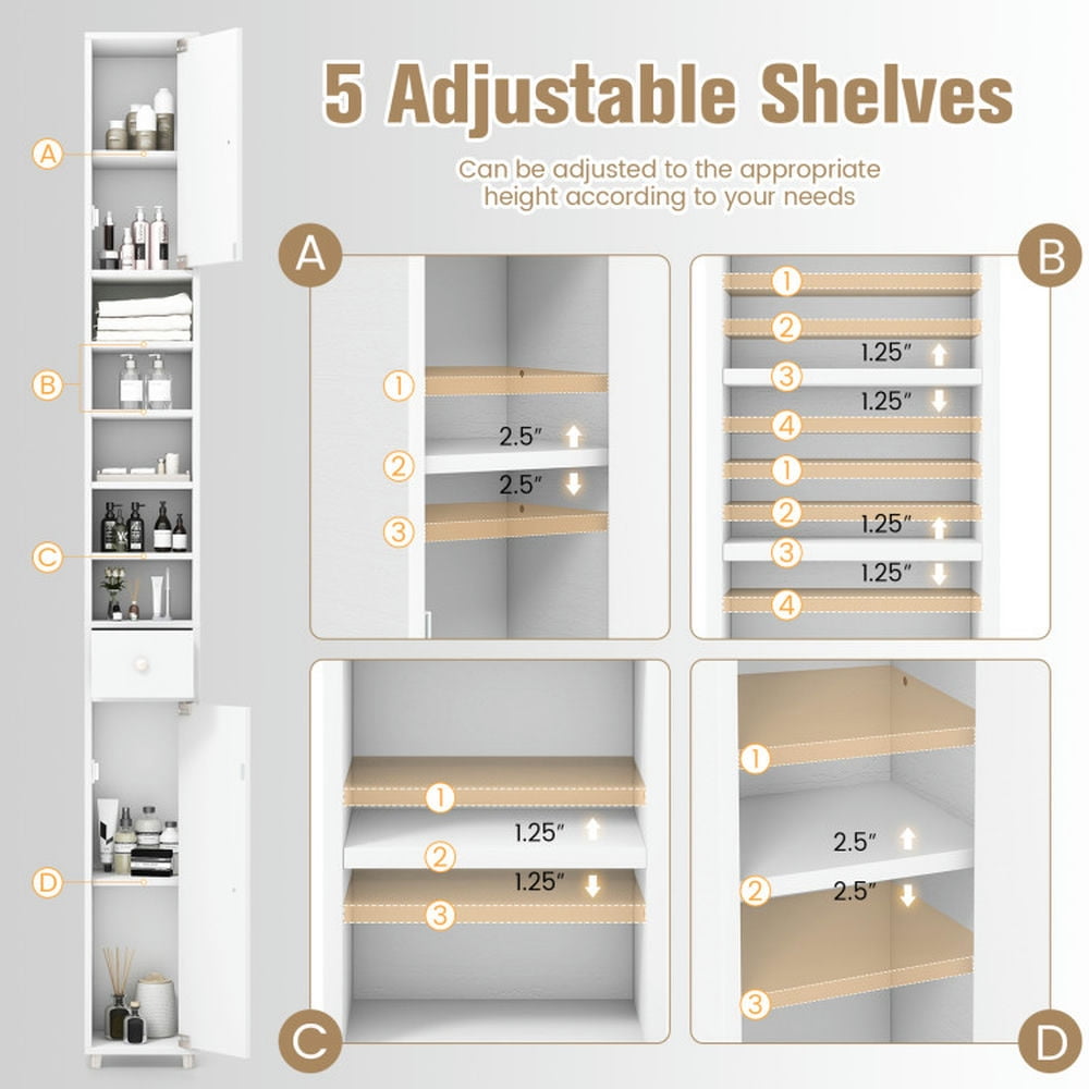 Finihen Bathroom Storage Cabinet, Bathroom Floor Cabinet, Freestanding Slim Bathroom Cabinet with Drawer and Adjustable Shelves, for Bathroom, Living Room, Bedroom, Kitchen, White