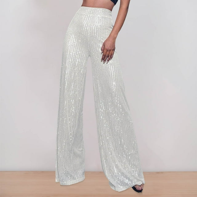 WILLBEST Pantalones Casuales elegantes para Mujer, de Moda, con Lentejuelas, Cintura Alta, Pierna Ancha, Acampanados, con Lentejuelas Brillantes, Ropa de Discoteca para Mujer. XXXXXL