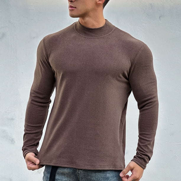 Blusa y camisa de cuello alto de manga larga para hombre, color liso, cálida y ajustada, cuello semialto, manga larga, base deportiva y fitness, top de poliéster para hombre.