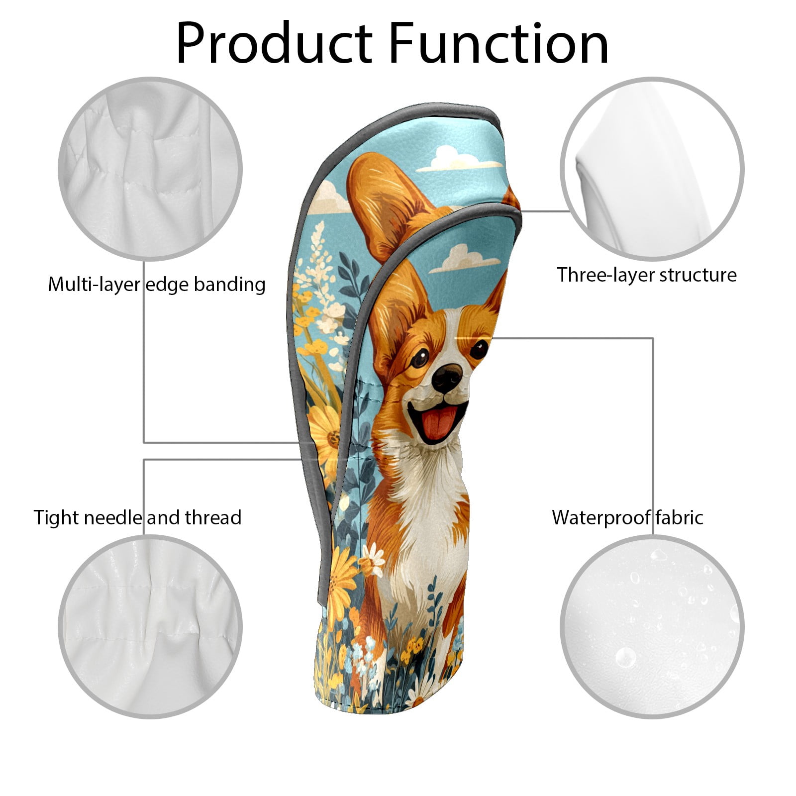 Golf Club Covers PU Leather Waterproof Head Covers for Fairway Woods Hybrids Yellow Puppy