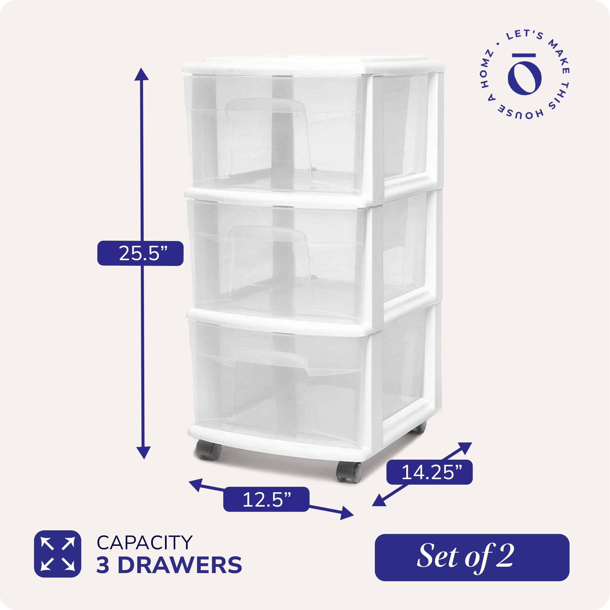 Homz Clear Plastic 3 Drawer Medium Home Storage Tower w/Wheels (2 Pack)