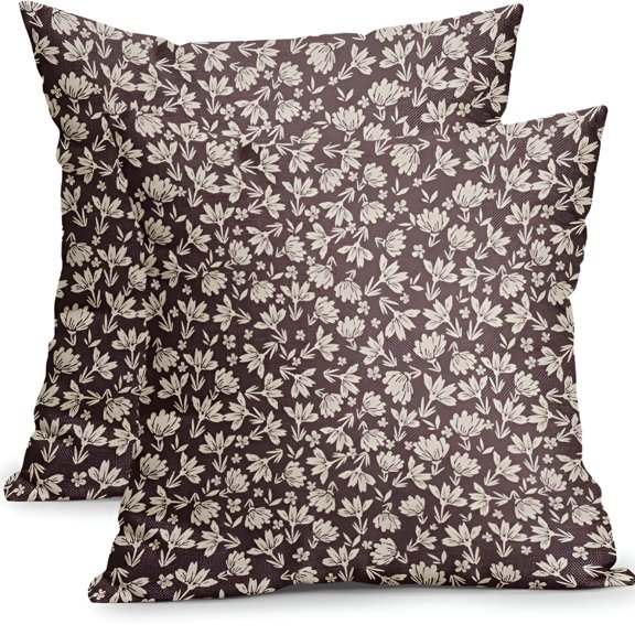 LAMIRO Vintage Floral Pillow Covers 20x20 Inch Set of 2 Dark Brown and Cream Flower Outdoor Decorative Throw Pillows Brown Small Floral Print Rustic Pillowcases Cotton Linen Cushion Cover