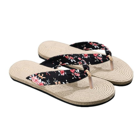 

1 Pair of Casual Flip-flops Beach Sandal Summer Printed Imitation Straw Flat Slippers - Size 41