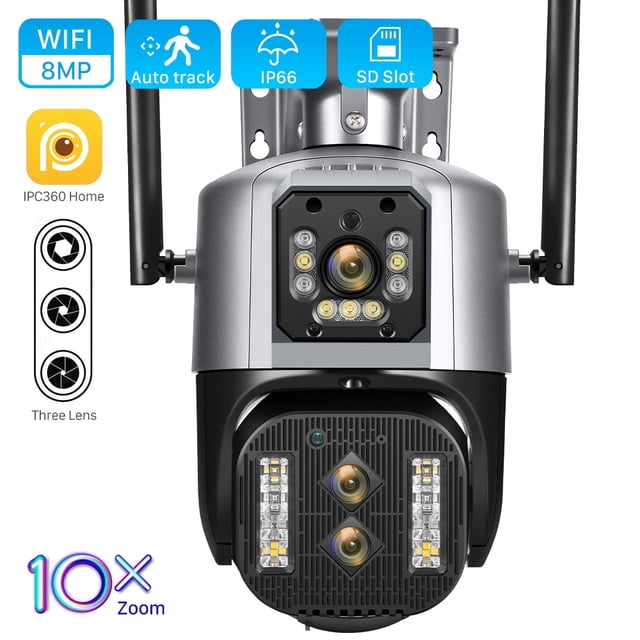 Cámara de seguridad CCTV para exteriores, videocámara de 8MP, 4K, Wifi, tres lentes, pantalla Dual, Zoom híbrido 10X, seguimiento automático IA, PTZ, IP