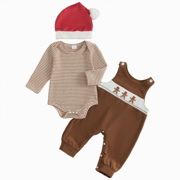 Kaprioy Baby Boy Winter Clothes My First Christmas Baby Boy Outfit Newborn Infant Striped Long Sleeve Romper Suspender Overalls Pants Hat 3Pcs Set