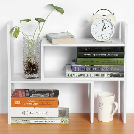 Estink Adjustable Desktop Bookshelf, Wood Storage Organizer Display Shelf Rack, Counter Top Bookcase, White