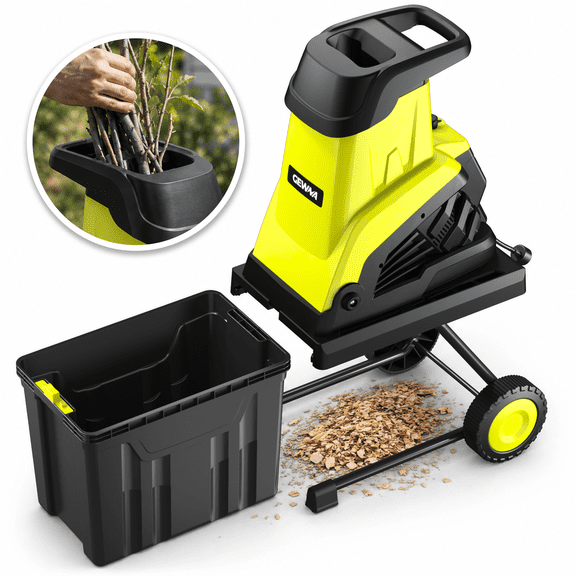 Gewna Wheeled Wood Chipper Shredder 15-Amp Electric Brushless Chipper with 10 gal Collecting Bin for Composting, Mulching
