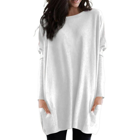 Arlun Womens Oversized Crewneck T Shirts Solid Color Loose Fit Fall Casual Tops Ladies Long Sleeve Lightweight Breathable Tunic Tshirts with Pockets White XL