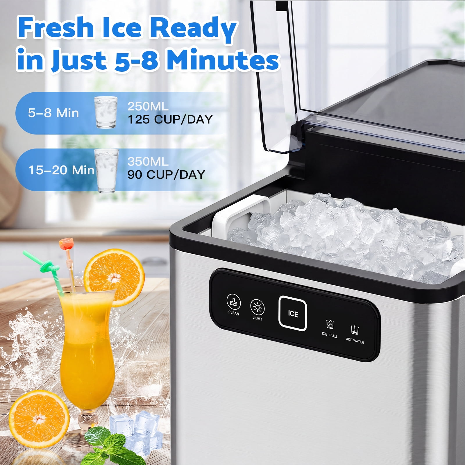 Advwin Nugget Ice Maker Countertop, 40lbs/Day Pellet Ice Machine, Self-Cleaning Portable Ice Maker with Ice Scoop & Basket, Stainless Steel, Ideal for Home, Kitchen, Office