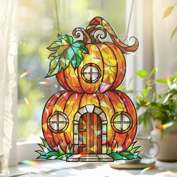 ViciArt Hologram Acrylic Pumpkin House Window Hanging – Fall Halloween Decor, Autumn Window Ornament