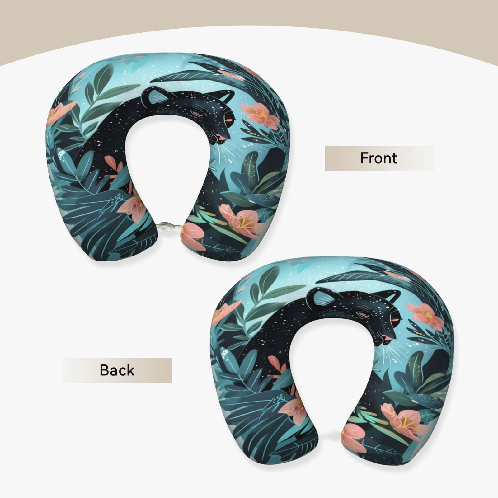 Xecao Black Panther Floral Illustration Print Memory Foam Cervical Neck Pillow Versatile U-Shaped Pillows for Home,Office,Camping,Travelling,Soft Washable Cover
