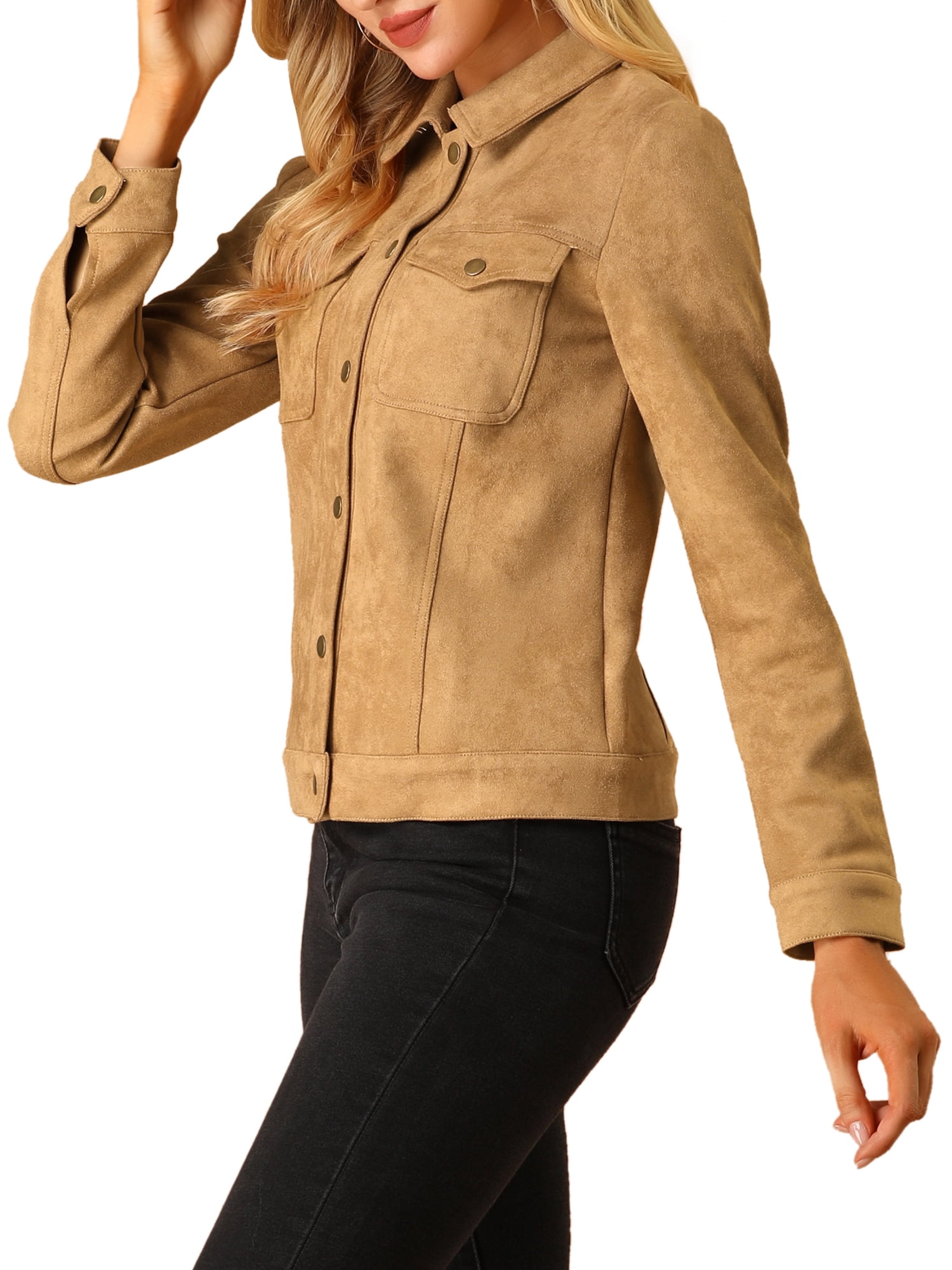 DARING DIVA Faux Suede Long Sleeve Flap Pockets Moto Jacket L Brown