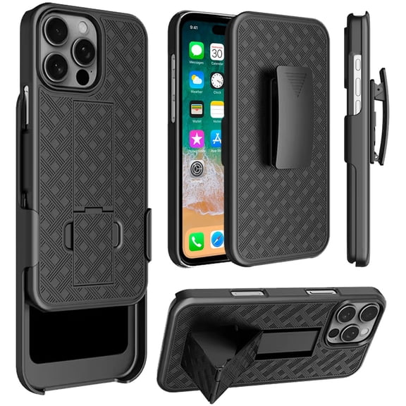 For iPhone 16 PRO MAX Case 3in1 Belt-Clip Holster Stand Cover Tempered Glass