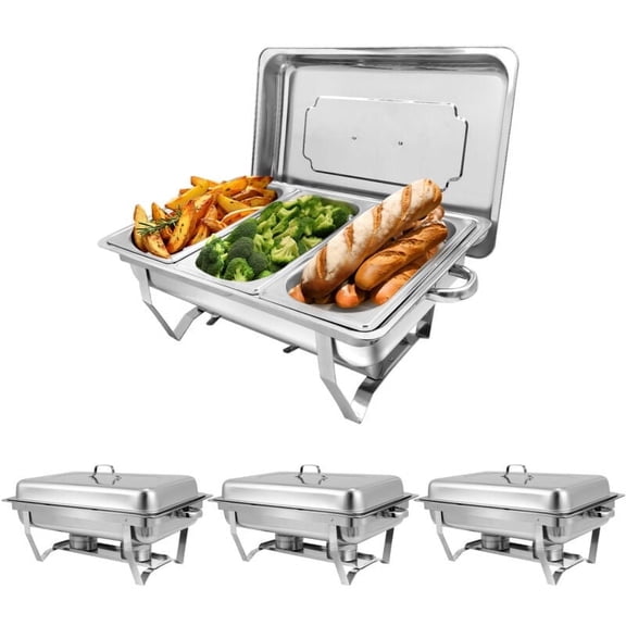 PRIJESSE Chafing Dish 4 Packs 8Qt. 1/3 Size Food Pan，Foldable Rectangular Chafer Set, Stainless Steel Buffet Catering Warmer Set