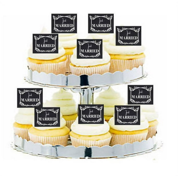24pk Vintage Black Chalkboard Just Married Style 1 Edible Cupcake Decoration Topper Picks