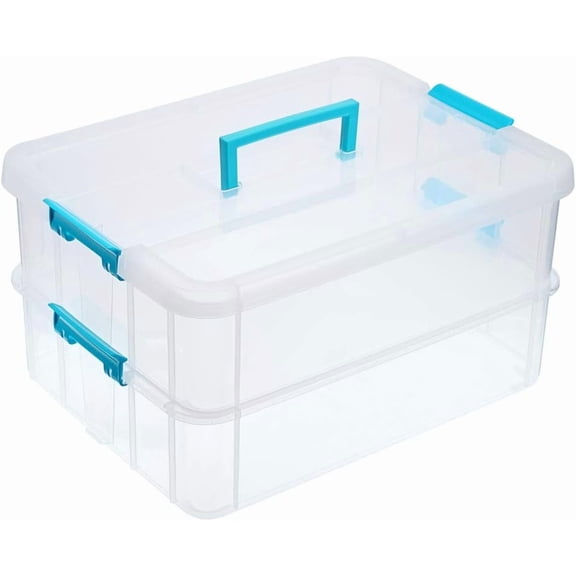 2-Tiers Stack Carry Storage Box With Handle, Transparent Stackable Storage Bin With Handle Lid Latching Storage Container for School .