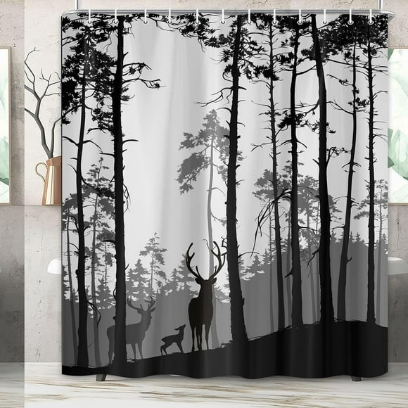 Nature's Retreat: Woodland Camo Shower Curtain Set - Pine Forest & Deer Design, 72x72 inch