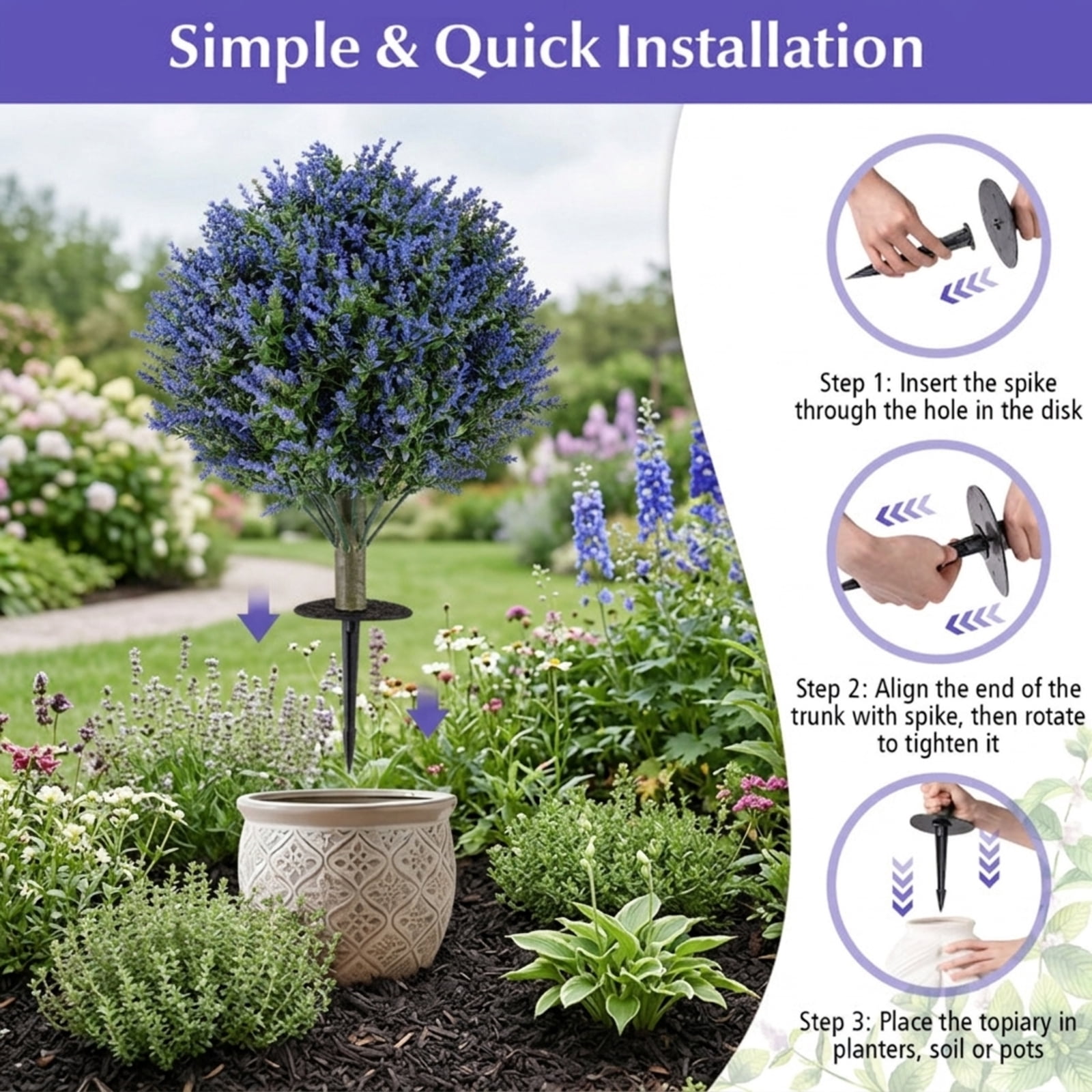 Vebreda Artificial Plant Decor, Set of 2 Artificial Lavender Topiary Ball Trees with Ground Spikes, Intricate & Lifelike Design